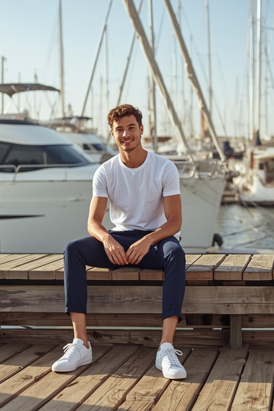 Mann in blauer BREDDY’S Chino aus Rizinus und weißem TENCEL™ T-Shirt – nachhaltige Mode aus Europa