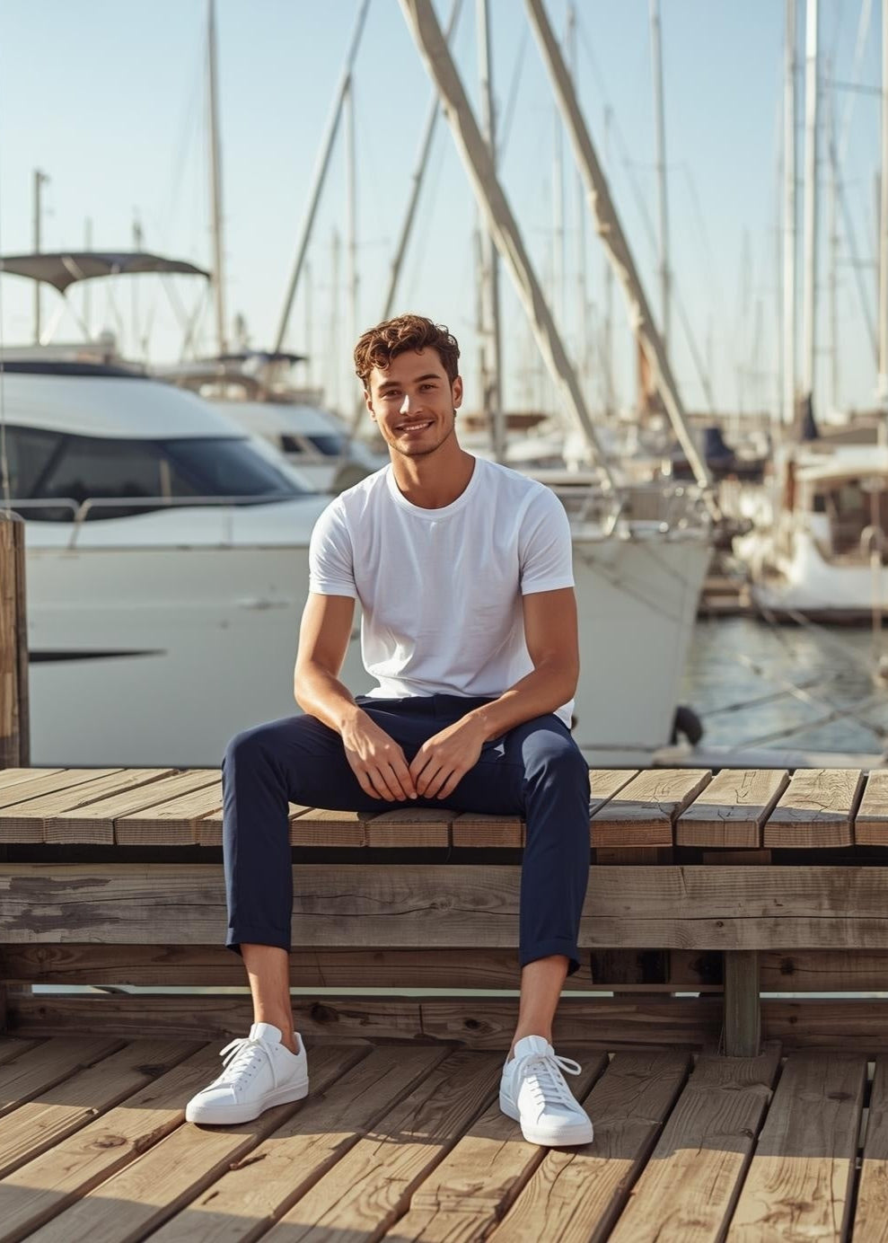 Mann in blauer BREDDY’S Chino aus Rizinus und weißem TENCEL™ T-Shirt – nachhaltige Mode aus Europa