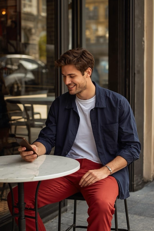 Mann sitzt im Café, trägt rote BREDDY’S Pants mit weißem TENCEL™ T-Shirt und schaut auf sein Handy