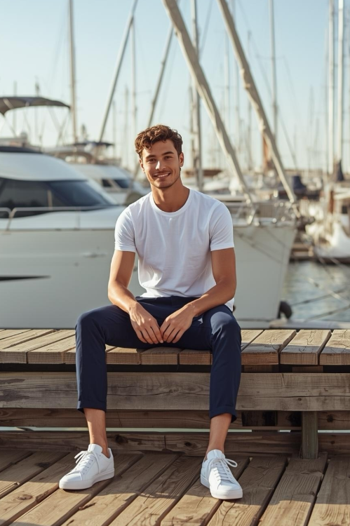 Mann lehnt am Segelboot und trägt blaue BREDDY’S Pants mit weißem TENCEL™ T-Shirt