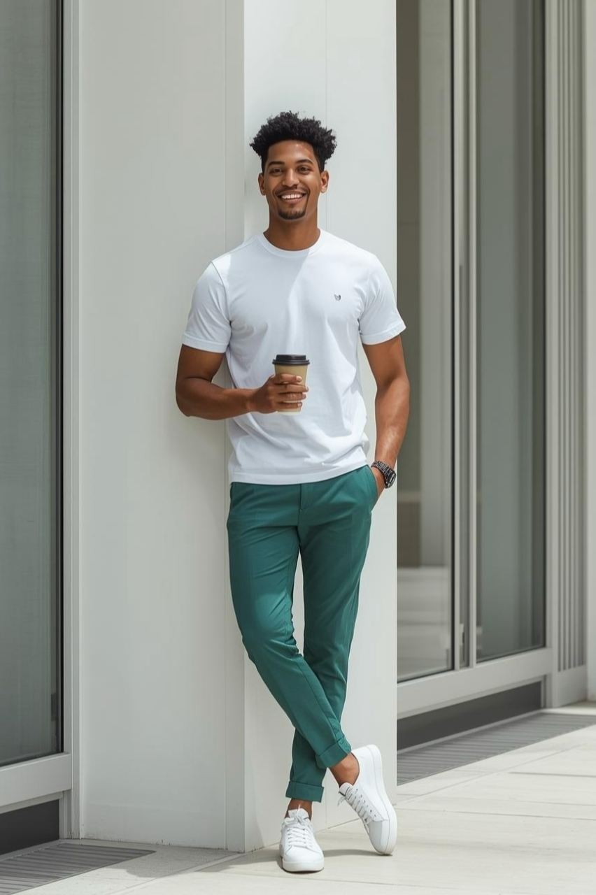 Mann lehnt an einer Hauswand, hält Coffee to go und trägt grüne BREDDY’S Pants mit weißem TENCEL™ T-Shirt