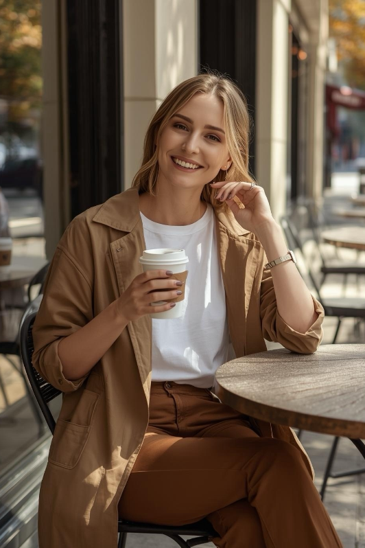Frau sitzt im Café, trägt BREDDY’S Pants und weißes TENCEL™ T-Shirt und genießt Kaffee