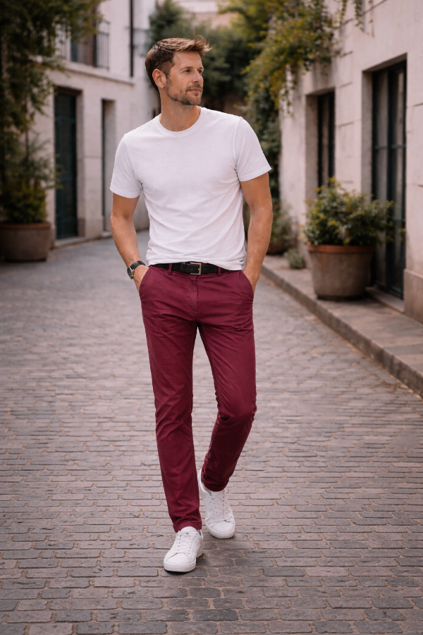 mann trägt weinrote breddys