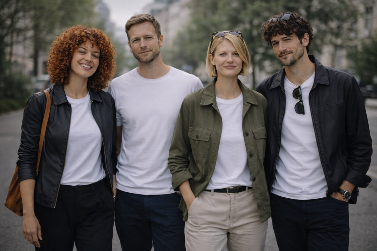Paar sitzt auf einer bunten Parkbank, lacht gemeinsam und trägt BREDDY’S Pants mit TENCEL™ T-Shirts