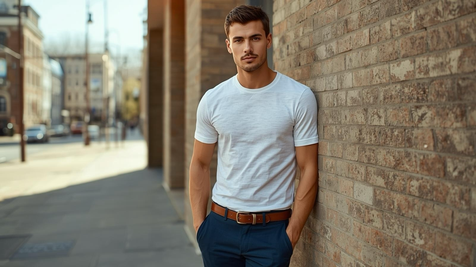 Mann lehnt an einer Ziegelmauer und trägt BREDDY’S Pants mit TENCEL™ T-Shirt