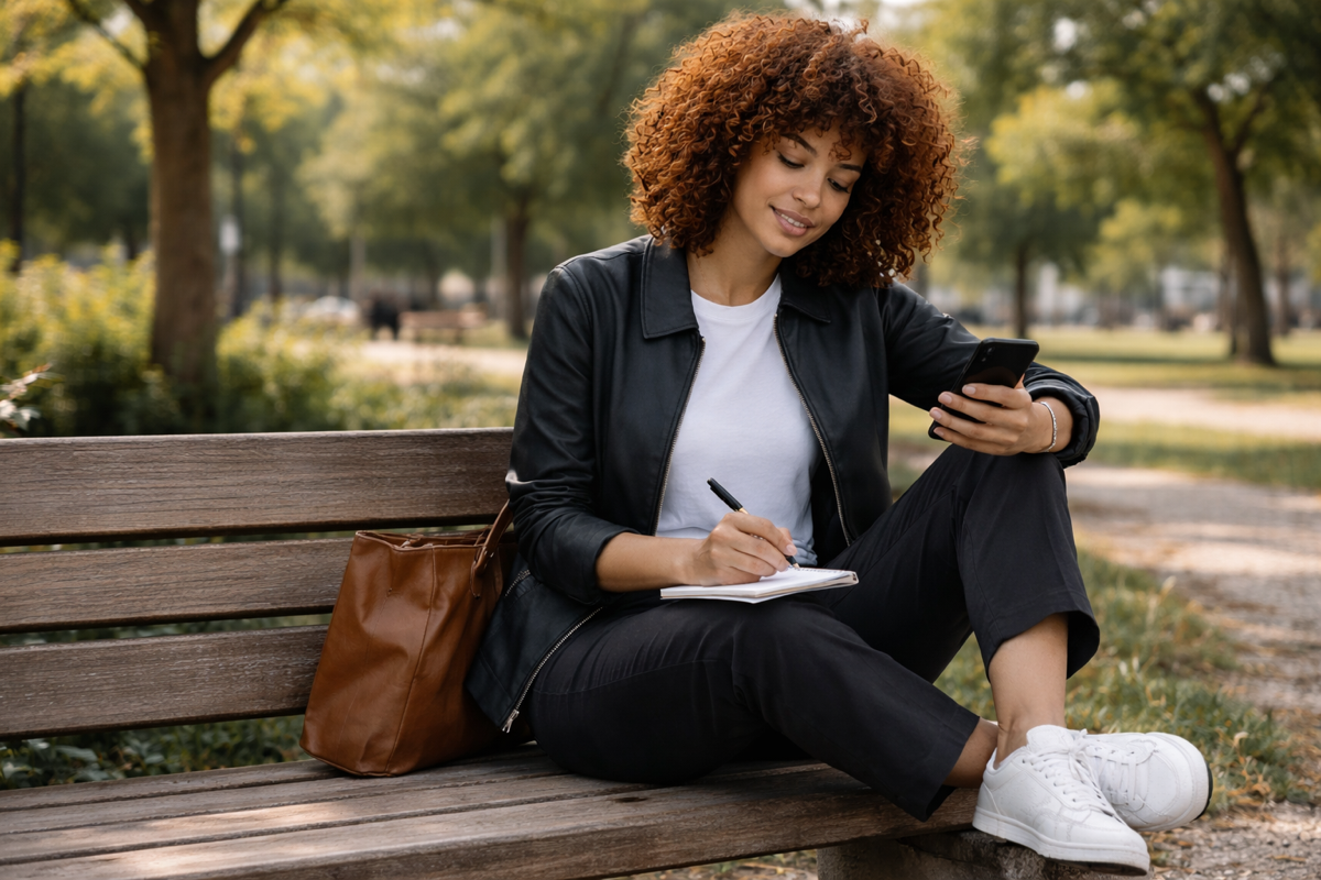 Frau sitzt auf einer Parkbank, liest ein Buch und trägt BREDDY’S Pants mit TENCEL™ T-Shirt
