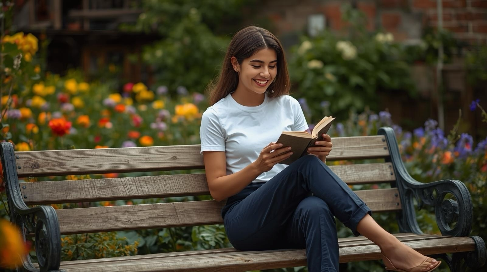Frau sitzt auf einer Parkbank, liest ein Buch und trägt BREDDY’S Pants mit TENCEL™ T-Shirt