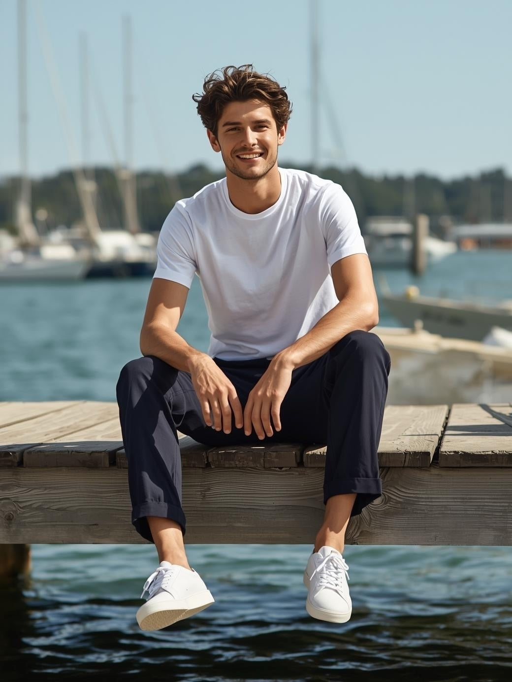 Mann sitzt entspannt am Steg und trägt BREDDY’S Pants mit TENCEL™ T-Shirt