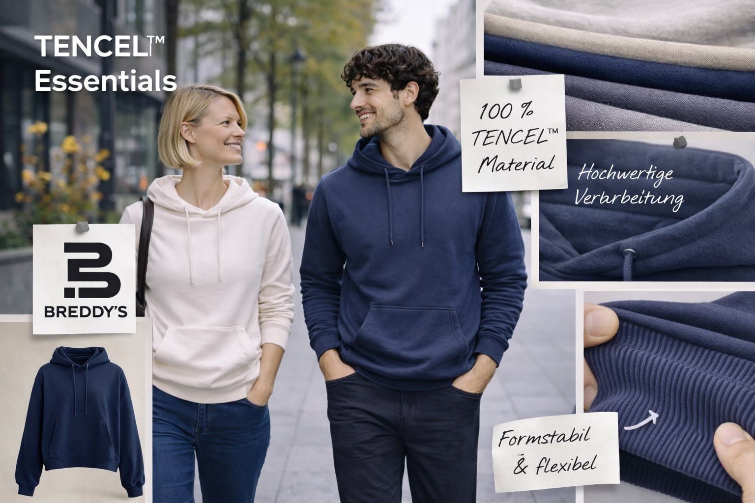 Mann und Frau in der Stadt tragen BREDDY’S Pants und TENCEL™ T-Shirts im urbanen Lifestyle-Look
