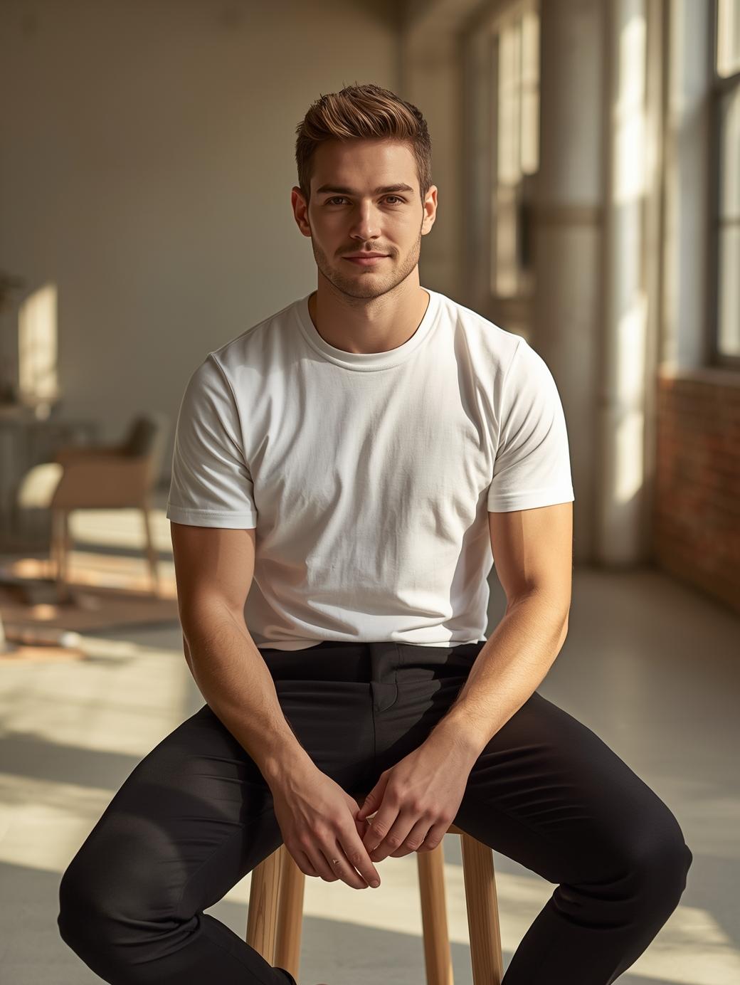 Mann sitzt auf einem Hocker und trägt BREDDY’S Pants mit TENCEL™ T-Shirt