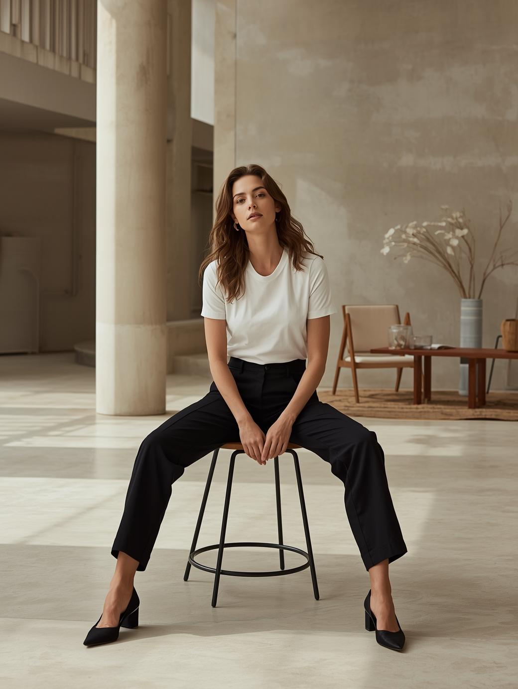 Frau sitzt auf einem Hocker und trägt BREDDY’S Pants mit TENCEL™ T-Shirt