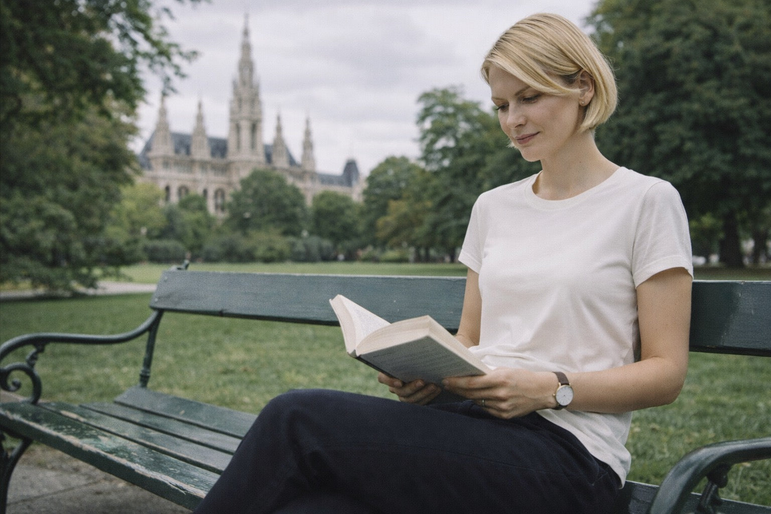 Frau geht durch die Stadt, schaut auf ihr Handy und trägt BREDDY’S Pants mit TENCEL™ T-Shirt