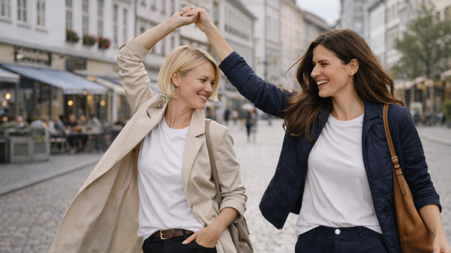 Frau macht Picknick im Park und trägt BREDDY’S Pants mit TENCEL™ T-Shirt