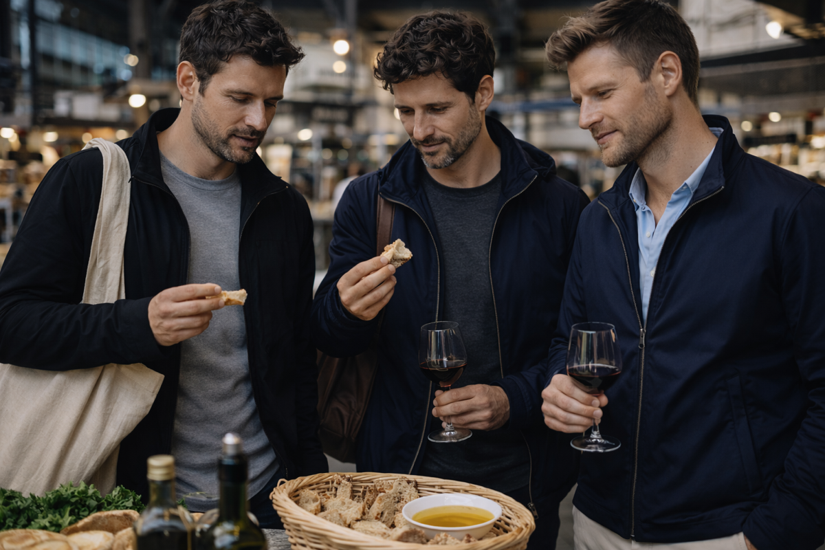 Mann sitzt entspannt am Steg und trägt BREDDY’S Pants mit TENCEL™ T-Shirt