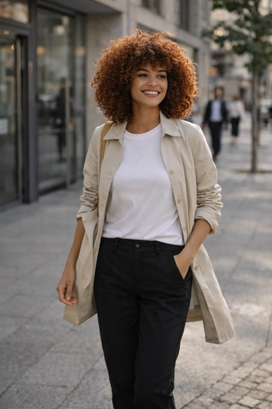 Detailfoto: Frau trägt schwarze BREDDY’S Pants und hält eine gelbe Handtasche