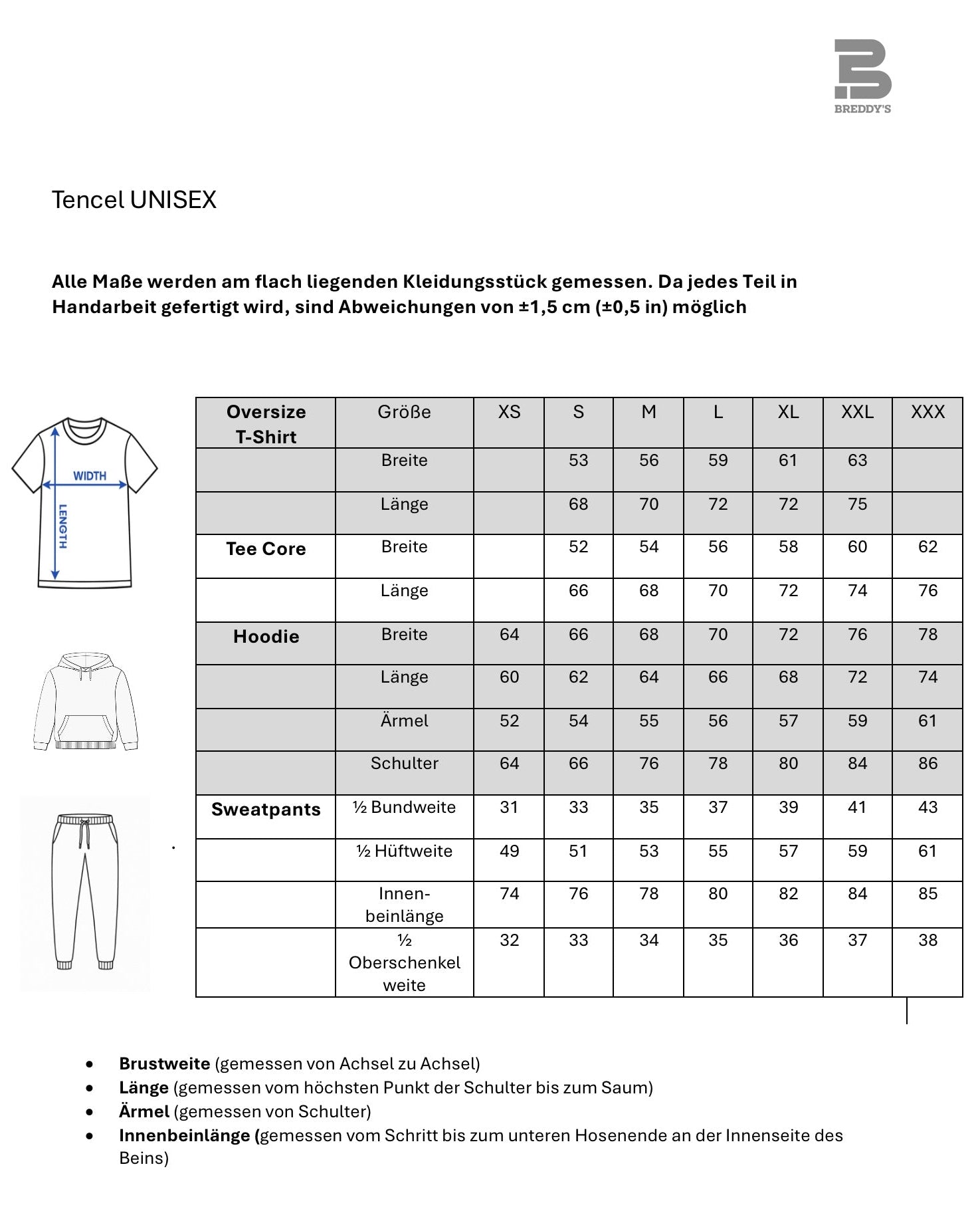 BREDDY’S Größentabelle für nachhaltige T-Shirts, Hoddies und Sweatpants – Maße für Damen und Herren im Überblick