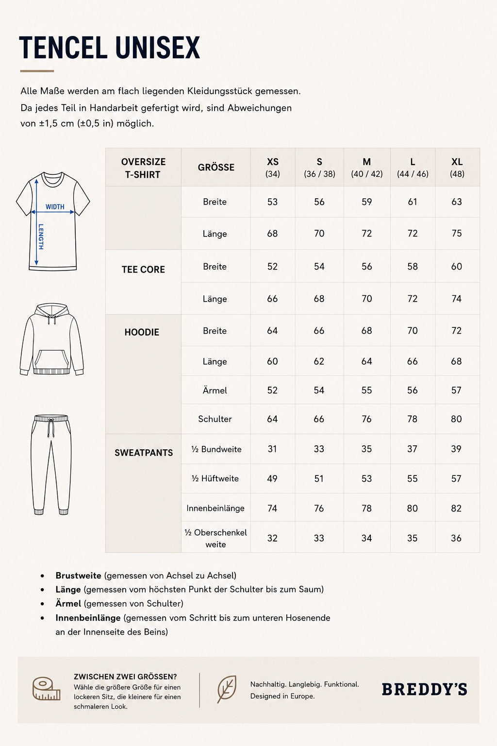 BREDDY’S Größentabelle für nachhaltige T-Shirts, Hoddies und Sweatpants – Maße für Damen und Herren im Überblick