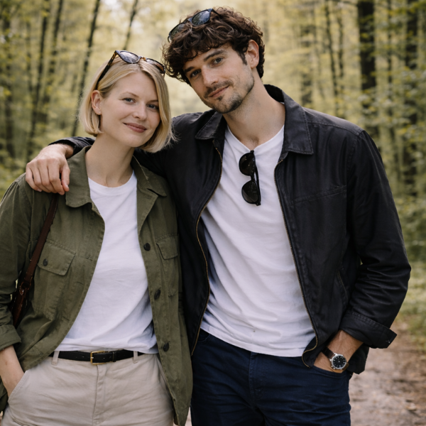 Nachhaltige Funktionsmode von BREDDY’S Wien – Paar in innovativen Rizinus-Hosen für Business und Outdoor, fair produziert in Europa