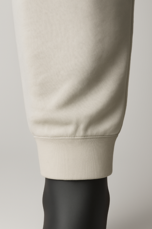 Detailaufnahme vom Beinbündchen der BREDDY’S RELAXED SWEATPANTS aus TENCEL™ in Fog
