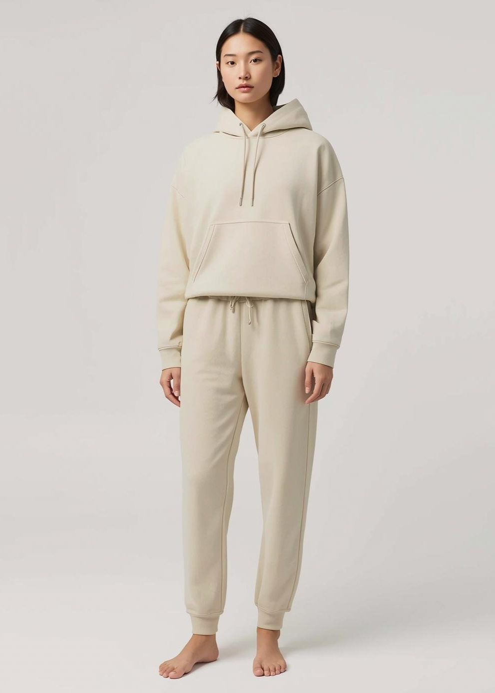 Frau trägt komplettes Outfit mit BREDDY’S URBAN HOODIE und RELAXED SWEATPANTS aus TENCEL™