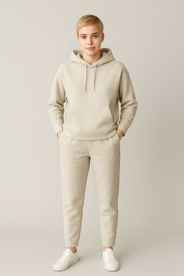 Frau trägt komplettes Outfit mit BREDDY’S URBAN HOODIE und RELAXED SWEATPANTS aus TENCEL™