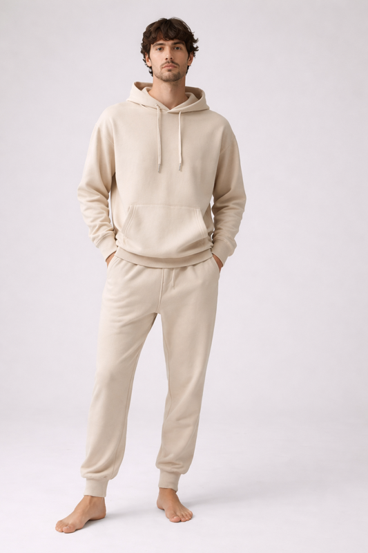 Mann trägt BREDDY’S URBAN HOODIE aus TENCEL™ in der Farbe Fog