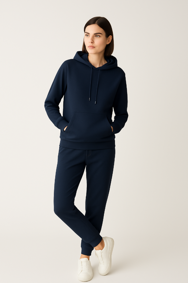 Frau trägt BREDDY’S URBAN HOODIE und RELAXED SWEATPANTS aus TENCEL™ in Blau