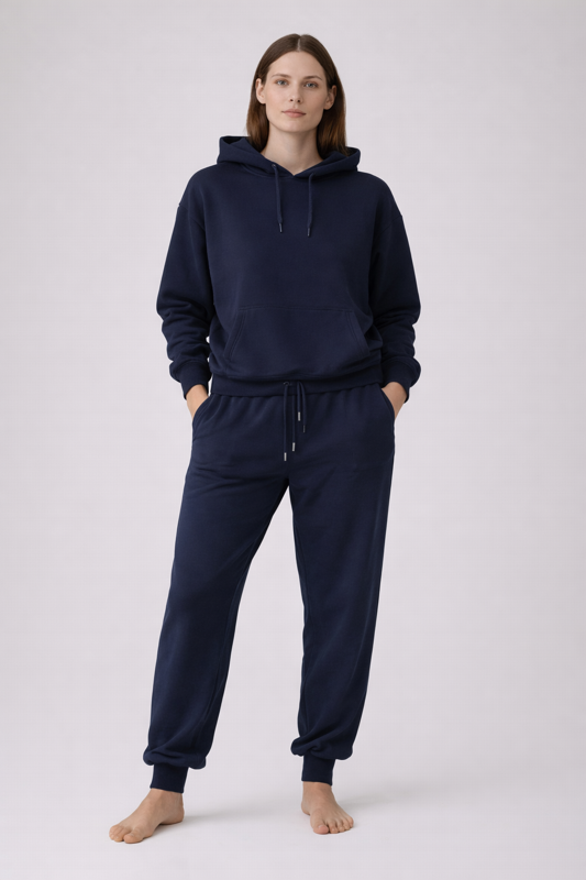 Frau trägt BREDDY’S URBAN HOODIE und RELAXED SWEATPANTS aus TENCEL™ in Blau