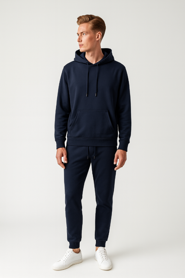 Mann trägt BREDDY’S URBAN HOODIE und RELAXED SWEATPANTS aus TENCEL™ in der Farbe Night Sky