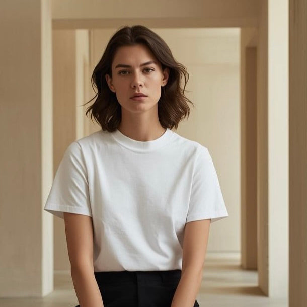 Cleanes Fashionfoto – Frau im weißen BREDDY’S TENCEL™ T-Shirt.