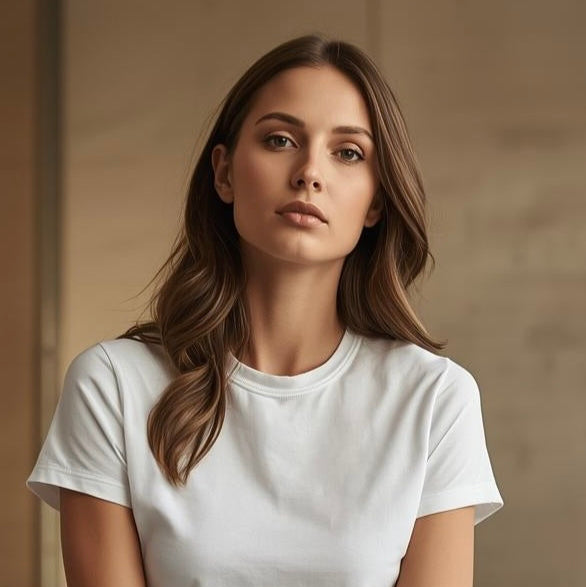 Frau trägt weißes BREDDY’S TENCEL™ T-Shirt im minimalistischen Look.