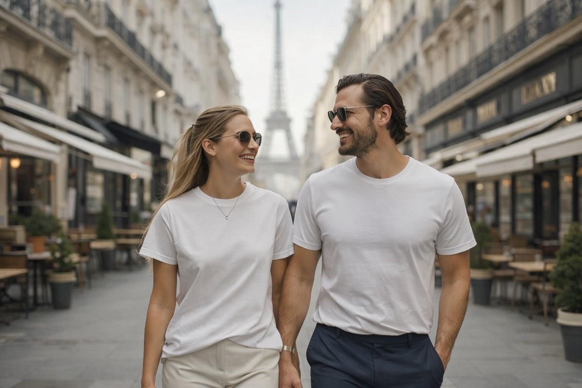 Frau und Mann in weißen BREDDY’S TEE CORE T-Shirts aus TENCEL™ in Paris – nachhaltige Mode aus Europa.