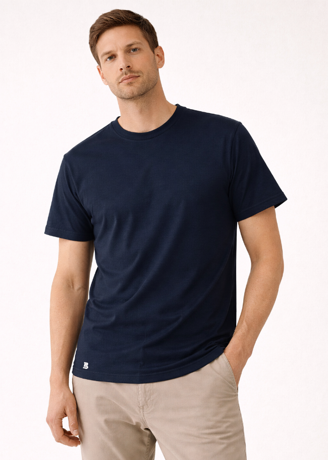 Produktaufnahme: Herren-T-Shirt von BREDDY’S in blau aus TENCEL™ Material.