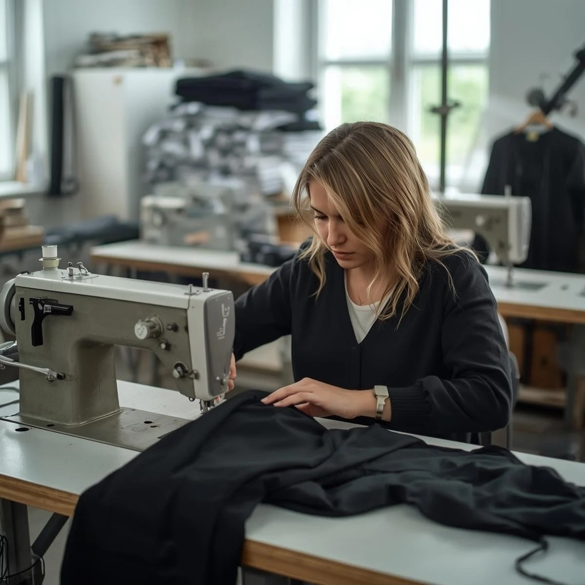 Handarbeit – Frau fertigt BREDDY’S Hose mit Sorgfalt an der Nähmaschine.