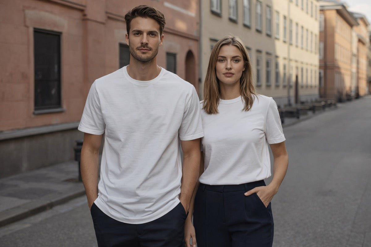 Mann und Frau tragen weiße BREDDY’S TENCEL™ T-Shirts beim Spaziergang durch die Stadt.