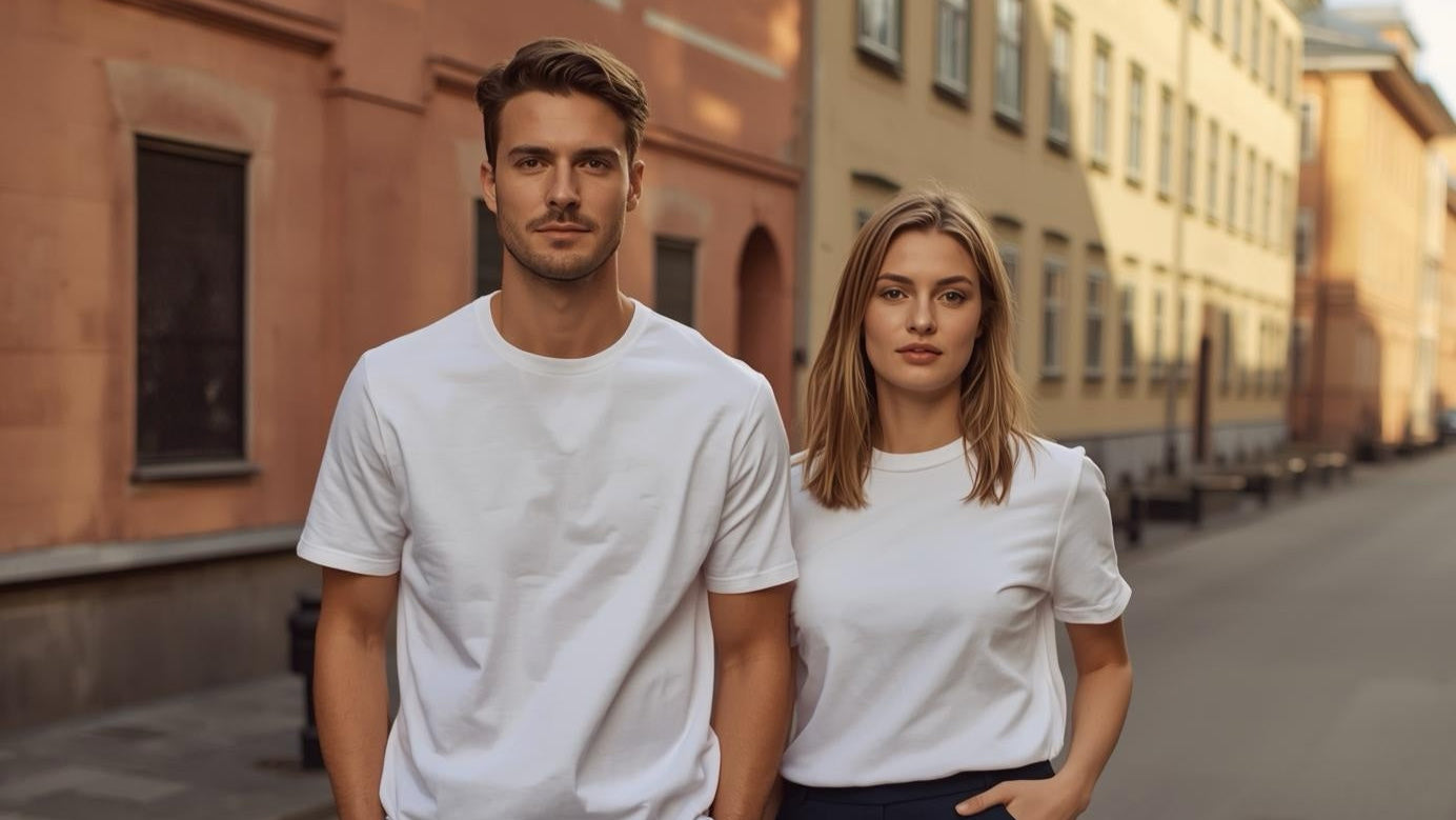 Mann und Frau tragen weiße BREDDY’S TENCEL™ T-Shirts beim Spaziergang durch die Stadt.