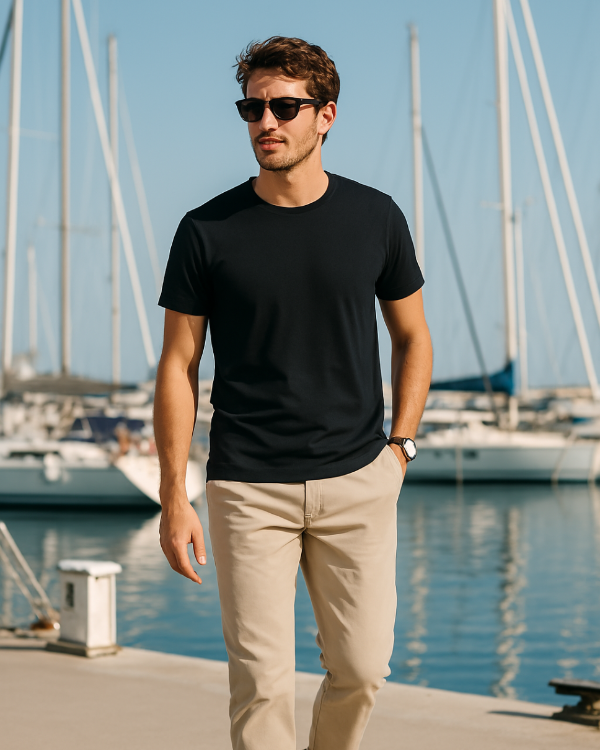 Mann trägt blaues BREDDY’S TENCEL™ T-Shirt und helle BREDDY’S Pants in der Marina