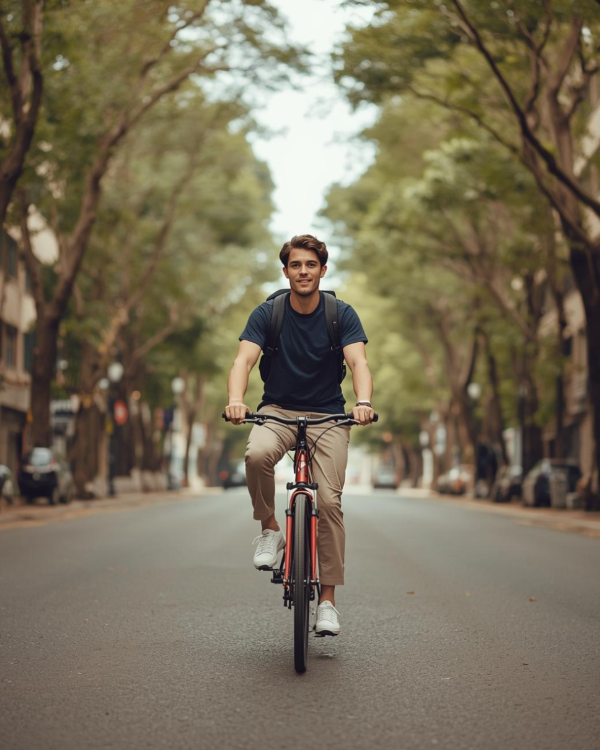 Mann fährt Fahrrad und trägt blaues BREDDY’S TENCEL™ T-Shirt