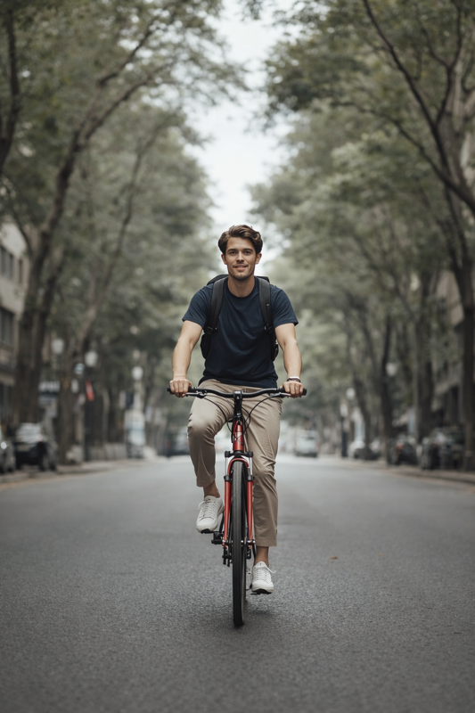 Mann fährt Fahrrad und trägt blaues BREDDY’S TENCEL™ T-Shirt