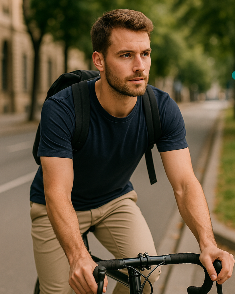 Mann fährt Fahrrad und trägt blaues BREDDY’S TENCEL™ T-Shirt