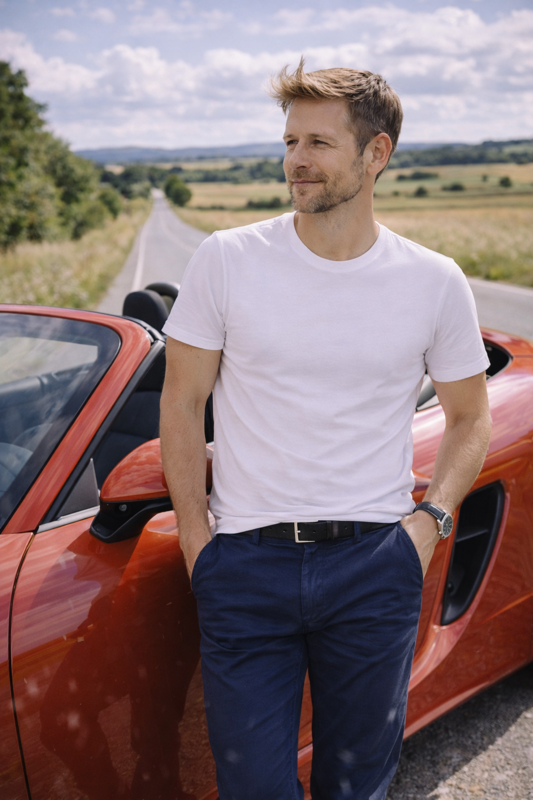 Mann trägt weißes BREDDY’S TENCEL™ T-Shirt und blaue BREDDY’S Pants vor rotem Cabrio