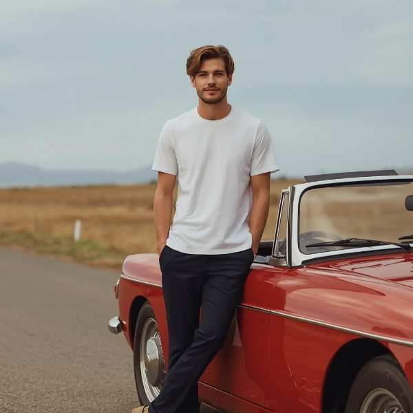 Mann trägt weißes BREDDY’S TENCEL™ T-Shirt und blaue BREDDY’S Pants vor rotem Cabrio