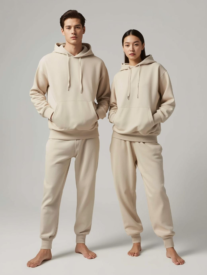 Mann und Frau in BREDDY’S Hoodie und RELAXED Sweatpants in Fog – nachhaltige Mode aus TENCEL™ aus Europa.