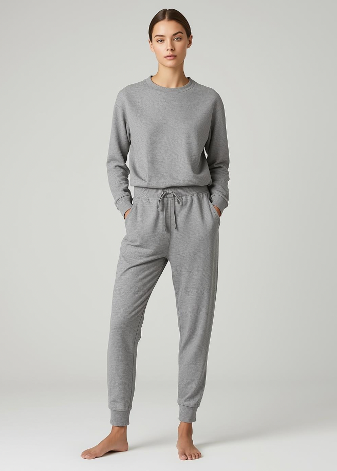 Frau trägt BREDDY’S RELAXED Sweatpants und Hoodie in Steel Grey – nachhaltiges, weiches Outfit aus 100 % TENCEL™, gefertigt in Europa.