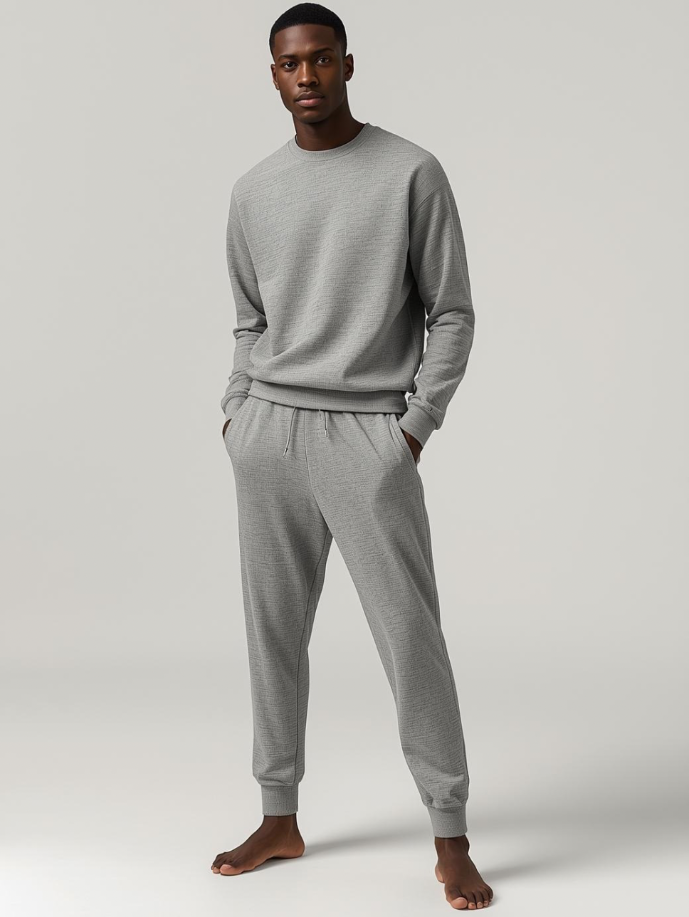Mann in BREDDY’S Hoodie und RELAXED Sweatpants in Steel Grey aus TENCEL™ – nachhaltige Mode aus Europa.