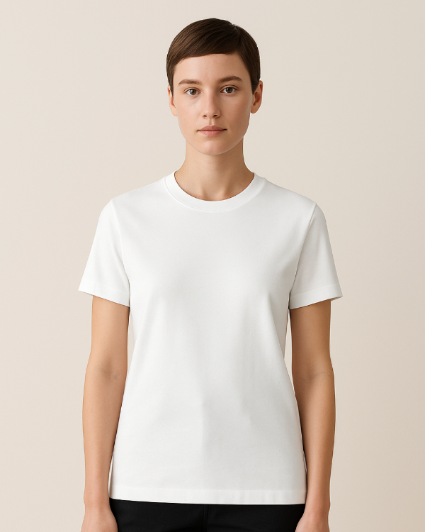 Frau präsentiert weißes BREDDY’S TEE CORE – schlicht, modern und nachhaltig.