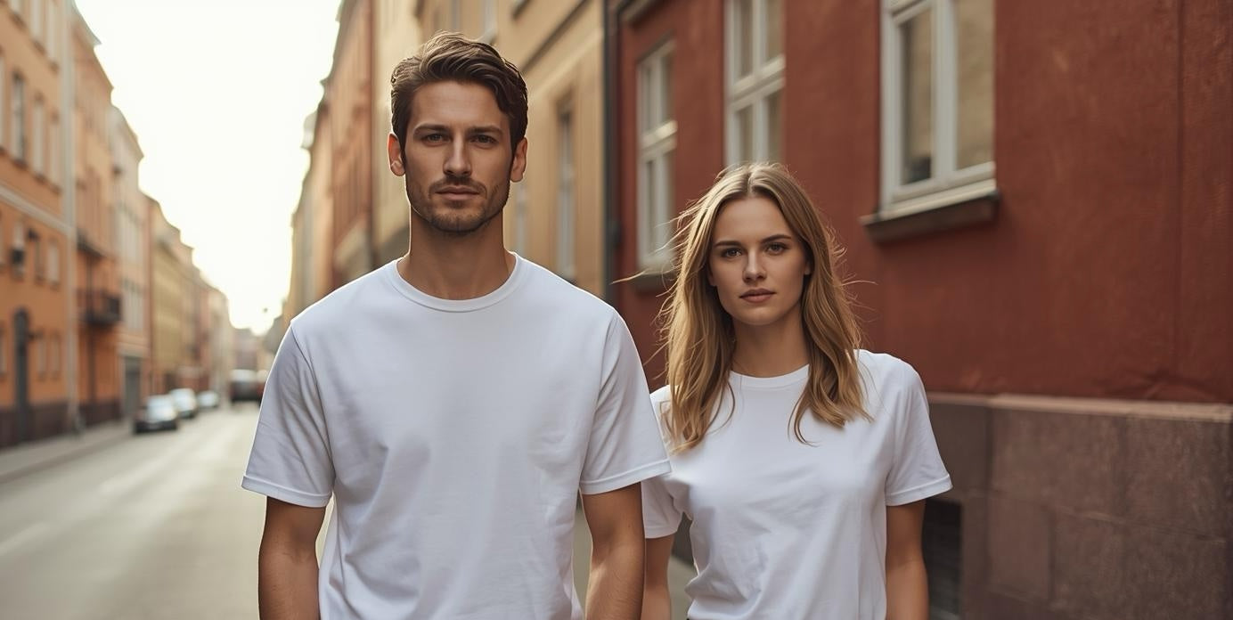 Mann und Frau tragen weiße BREDDY’S TENCEL™ T-Shirts beim Spaziergang durch die Stadt.