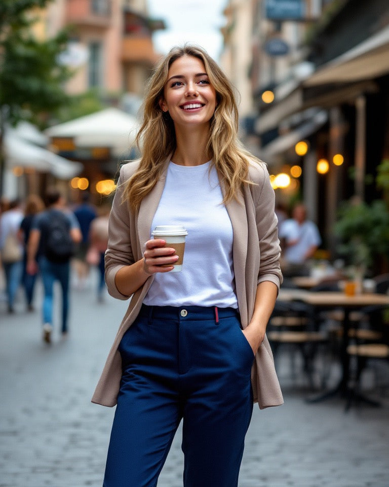 Frau mit Coffee to go trägt blaue BREDDY’S Pants und weißes TENCEL™ T-Shirt im urbanen Setting