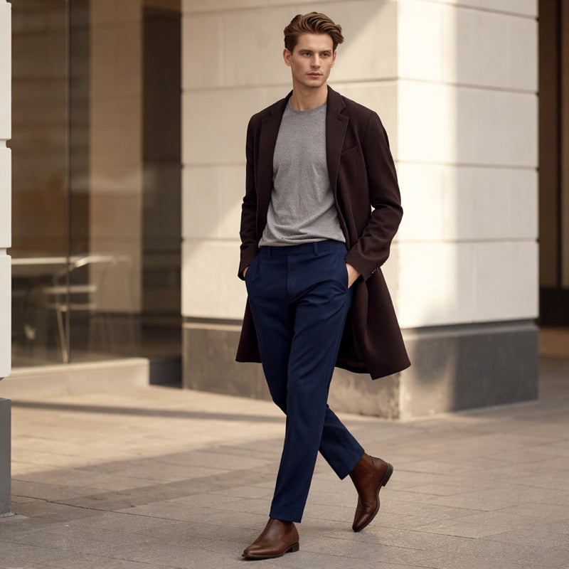 Business-Mann in blauer BREDDY’S Chino und grauem TENCEL™ T-Shirt – nachhaltige Mode aus Europa.