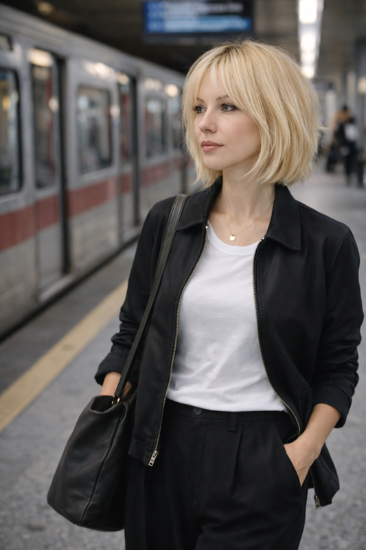 Frau trägt weißes BREDDY’S TENCEL™ T-Shirt und steht in der Stadt vor bunten Hausmauern